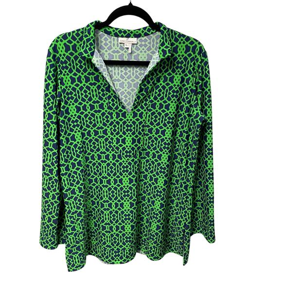 Jude Connally Navy Green Garden Gate Spandex Blend Split Neck Top Womens Large - Picture 1 of 6